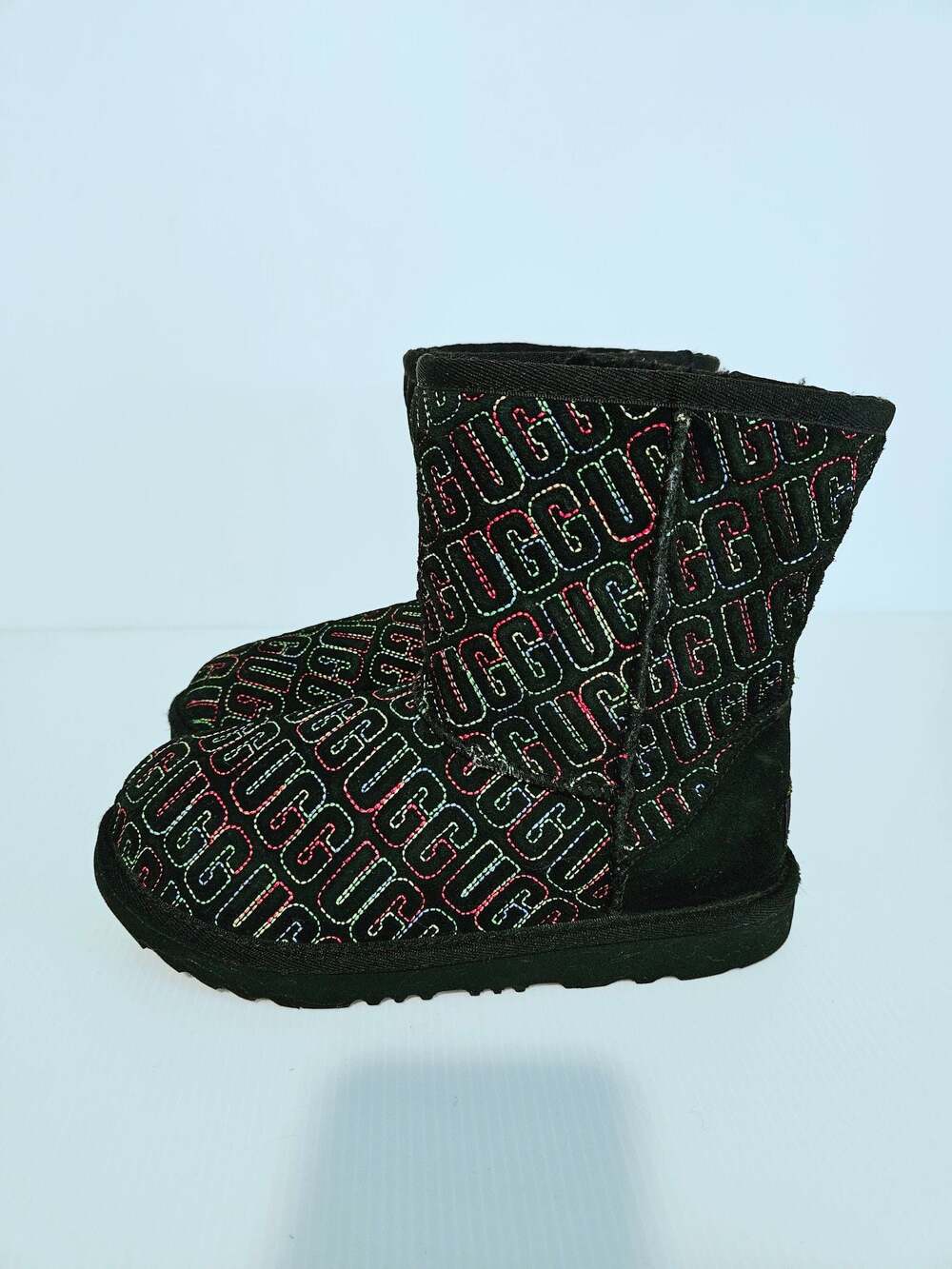 UGG Kids Classic II Graphic Stitch Black Suede Boots Size 3 Shoes